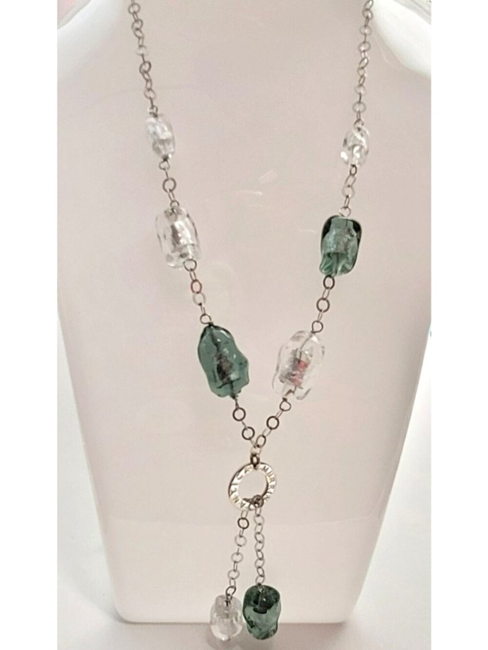Antica Murrina Sterling Silver Green And White Venetian Glass Bead Link Necklace